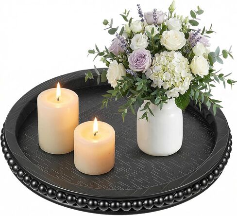 Rustic Round Pine Wooden Display Riser 12" Wooden Tray Decor, Farmhouse Beaded Wood Tray Risers, Farmhouse Display Wood Riser, Beaded Pedestal Stand, for Kitchen Decor, Countertop, Black in Kuwait