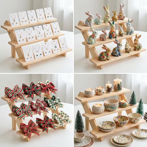 2 Pack 3 Tier Wooden Riser, Earring Display for Vendors - Solid Wood Tiered Stand with Groove for Jewelry Cards, Cupcakes, Party Desserts, Retail Booth & Farmers Market in Kuwait