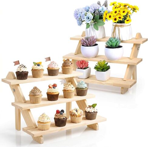 2 Pack 3 Tier Wooden Riser, Earring Display for Vendors - Solid Wood Tiered Stand with Groove for Jewelry Cards, Cupcakes, Party Desserts, Retail Booth & Farmers Market in Kuwait