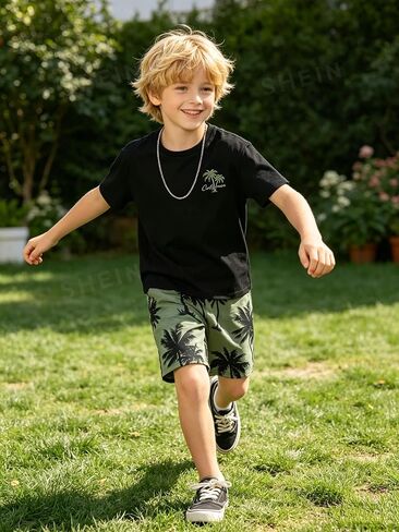 Boys Short Sleeve T-Shirt and Shorts Set Summer Athletic Casual Outfit Kids Boys Clothes For 8-14Y in Kuwait
