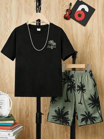 Boys Short Sleeve T-Shirt and Shorts Set Summer Athletic Casual Outfit Kids Boys Clothes For 8-14Y in Kuwait