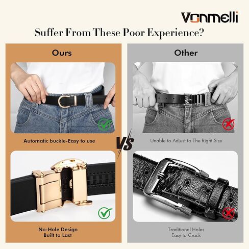 VONMELLI Womens Leather Ratchet Belt for Jeans Dress Pants with Adjustable Automatic Gold Sliding Buckle 1.2" Width in Kuwait