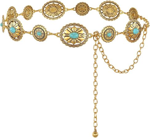 LEACOOLKEY الغربية Concho حزام على شكل سلسلة المرأة بوهو الفيروز الأحجار الكريمة حزام خصر معدني راعية البقر سلسلة الذهب والفضة لفستان الجينز in Kuwait