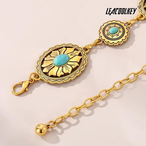 LEACOOLKEY الغربية Concho حزام على شكل سلسلة المرأة بوهو الفيروز الأحجار الكريمة حزام خصر معدني راعية البقر سلسلة الذهب والفضة لفستان الجينز in Kuwait