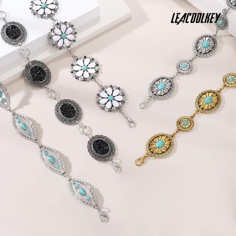 LEACOOLKEY الغربية Concho حزام على شكل سلسلة المرأة بوهو الفيروز الأحجار الكريمة حزام خصر معدني راعية البقر سلسلة الذهب والفضة لفستان الجينز in Kuwait