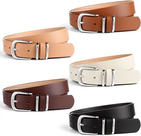 5Pcs Womens Leather Belt Silver Buckle Fits Waist 25-35 Inches, Ladies Belts for Jeans with Silver Buckle 10 Adjustable Holes in Saudi Arabia