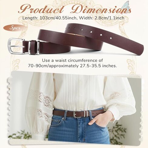 5Pcs Womens Leather Belt Silver Buckle Fits Waist 25-35 Inches, Ladies Belts for Jeans with Silver Buckle 10 Adjustable Holes in Saudi Arabia