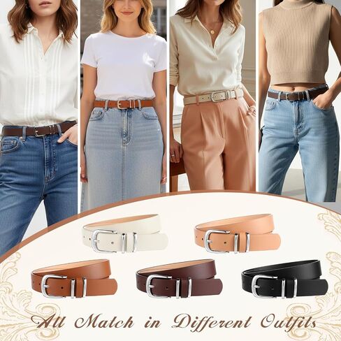 5Pcs Womens Leather Belt Silver Buckle Fits Waist 25-35 Inches, Ladies Belts for Jeans with Silver Buckle 10 Adjustable Holes in Saudi Arabia