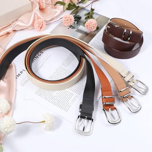 5Pcs Womens Leather Belt Silver Buckle Fits Waist 25-35 Inches, Ladies Belts for Jeans with Silver Buckle 10 Adjustable Holes in Saudi Arabia
