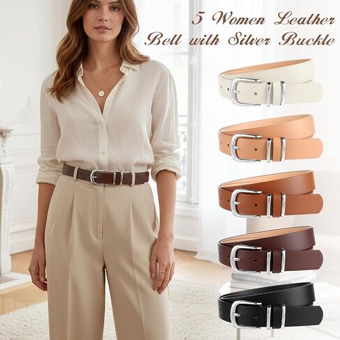 5Pcs Womens Leather Belt Silver Buckle Fits Waist 25-35 Inches, Ladies Belts for Jeans with Silver Buckle 10 Adjustable Holes in Saudi Arabia