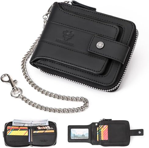 Chain Wallet for Men, RFID Blocking Men's Genuine Leather Bifold Purse with Zip Coin Pocket in Kuwait