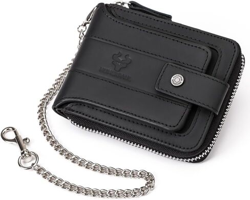 Chain Wallet for Men, RFID Blocking Men's Genuine Leather Bifold Purse with Zip Coin Pocket in Kuwait