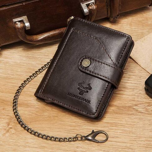 Men's chain wallet, RFID-protected genuine leather double-sided folding wallet, automatic card-issuing wallet in Kuwait