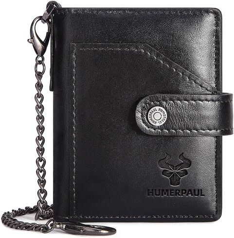 Men's chain wallet, RFID-protected genuine leather double-sided folding wallet, automatic card-issuing wallet in Kuwait