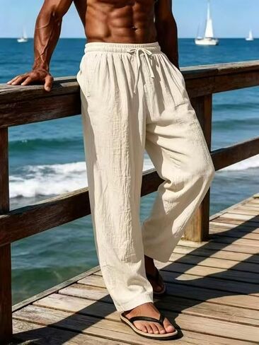 Men's Cotton Linen PantsCasual Wide Leg Drawstring Elastic Waist Trousers Fit Beach Pants with Pockets for Summer in Kuwait