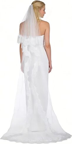 Cathedral Wedding Veil, 2 Tier White Lace Bridal Veil with Comb, Elegant Floral Trim Design for Church Ceremonies and Anniversaries in Kuwait