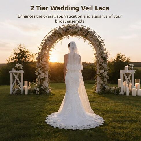 Cathedral Wedding Veil, 2 Tier White Lace Bridal Veil with Comb, Elegant Floral Trim Design for Church Ceremonies and Anniversaries in Kuwait