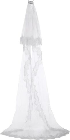 Cathedral Wedding Veil, 2 Tier White Lace Bridal Veil with Comb, Elegant Floral Trim Design for Church Ceremonies and Anniversaries in Kuwait