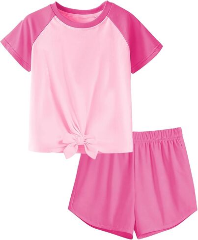 Girls Short Sleeve Raglan Tee and Drawstring Pocket Shorts Summer Activewear Set 2 Piece Outfit, 6-14 Years in Saudi Arabia