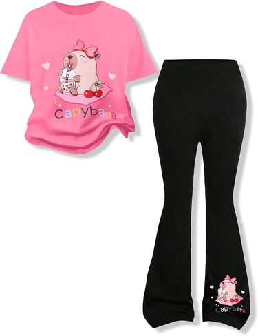 Girls Clothes Cute Capybara Print & Cherr Short Sleeve Print Tops Flared Pants Set Tween Girl Outfits Size 7-14 in Kuwait