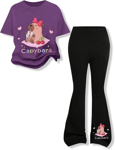 Girls Clothes Cute Capybara Print & Cherr Short Sleeve Print Tops Flared Pants Set Tween Girl Outfits Size 7-14 in Saudi Arabia