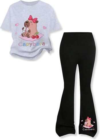 Girls Clothes Cute Capybara Print & Cherr Short Sleeve Print Tops Flared Pants Set Tween Girl Outfits Size 7-14 in Saudi Arabia