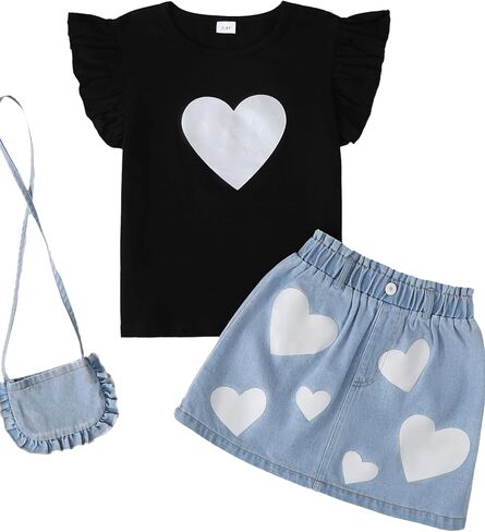 Girls Summer Outfits Heart Graphic Flutter Short Sleeve Tops and Denim Skirt Sets with Crossbody Mini Bag in Kuwait
