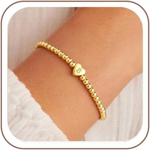 Turandoss Heart Beaded Initial Bracelets for Women Girls - 14K-Gold-Plated Initial Bracelet for Girls Jewelry Heart Letter Bracelet Personalized Birthday Gifts for Women Teen Girl Kids in Kuwait