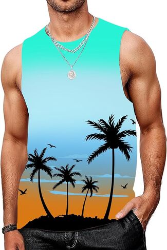 Men's Graphic Tank Tops Sleeveless Shirts Muscle Hawaiian Palm Tree Summer Tank Top for Beach Gym Workout in Saudi Arabia