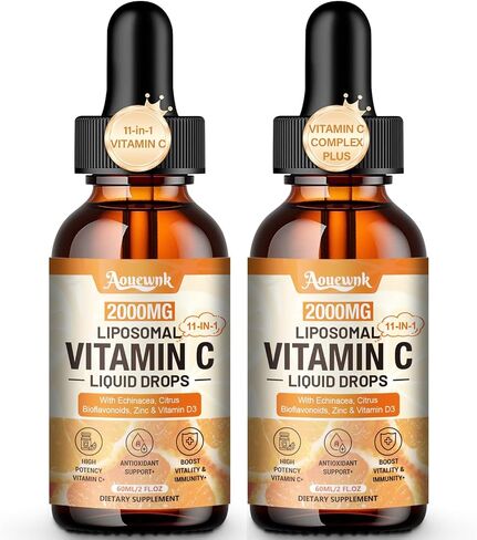 2 Packs Liposomal Vitamin C 2000mg Liquid Drops, 11-in-1 High Absorption VC Complex with Rose Hips, Echinacea, Citrus Bioflavonoids, Zinc, Vitamin D3 & Collagen, Suppost Antioxidant & Immunity,4 Fl Oz in Kuwait