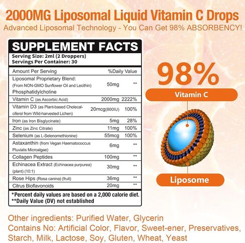 2 Packs Liposomal Vitamin C 2000mg Liquid Drops, 11-in-1 High Absorption VC Complex with Rose Hips, Echinacea, Citrus Bioflavonoids, Zinc, Vitamin D3 & Collagen, Suppost Antioxidant & Immunity,4 Fl Oz in Kuwait