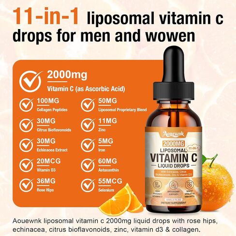 2 Packs Liposomal Vitamin C 2000mg Liquid Drops, 11-in-1 High Absorption VC Complex with Rose Hips, Echinacea, Citrus Bioflavonoids, Zinc, Vitamin D3 & Collagen, Suppost Antioxidant & Immunity,4 Fl Oz in Kuwait