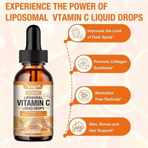 2 Packs Liposomal Vitamin C 2000mg Liquid Drops, 11-in-1 High Absorption VC Complex with Rose Hips, Echinacea, Citrus Bioflavonoids, Zinc, Vitamin D3 & Collagen, Suppost Antioxidant & Immunity,4 Fl Oz in Kuwait