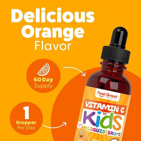 Feel Great Organic Vitamin C Liquid Drops for Kids & Toddlers | Immune Support & Antioxidant Supplement | Easy-to-Take Liquid | USDA Organic, Vegan, Non-GMO, Gluten-Free | 2 fl oz in Saudi Arabia