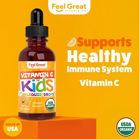 Feel Great Organic Vitamin C Liquid Drops for Kids & Toddlers | Immune Support & Antioxidant Supplement | Easy-to-Take Liquid | USDA Organic, Vegan, Non-GMO, Gluten-Free | 2 fl oz in Saudi Arabia