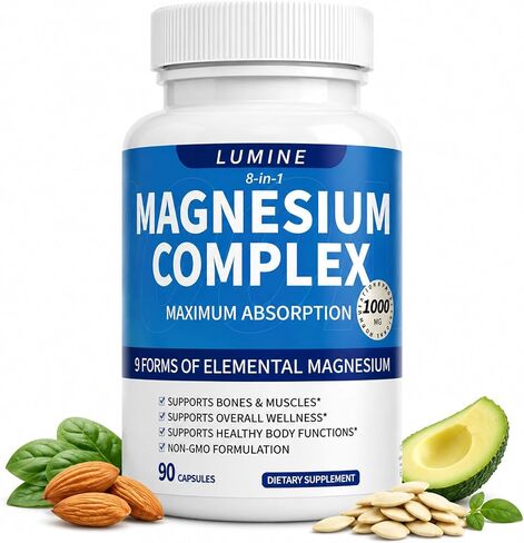 Lumine Magnesium Complex 1000mg - 8 Forms for Night & Muscle Support | 1000mg 8-in-1 magnesium blend with glycinate, citrate & malate supports muscle function, calm routines & energy metabolism. in Saudi Arabia