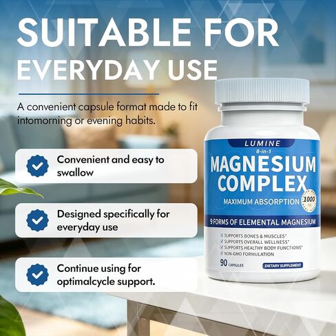 Lumine Magnesium Complex 1000mg - 8 Forms for Night & Muscle Support | 1000mg 8-in-1 magnesium blend with glycinate, citrate & malate supports muscle function, calm routines & energy metabolism. in Saudi Arabia