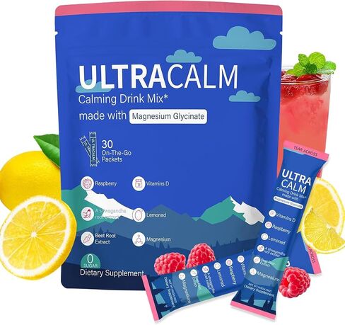 UltraCalm Super Calm Cortisol Drink, Magnesium Glycinate Powder with Ashwagandha L-Theanine Vitamin D3, Calm Magnesium Powder for Stress Relief Sleep Support, Raspberry Lemonade (30 Servings) in Kuwait