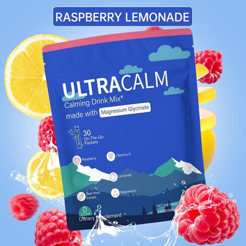 UltraCalm Super Calm Cortisol Drink, Magnesium Glycinate Powder with Ashwagandha L-Theanine Vitamin D3, Calm Magnesium Powder for Stress Relief Sleep Support, Raspberry Lemonade (30 Servings) in Kuwait