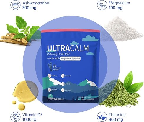 UltraCalm Super Calm Cortisol Drink, Magnesium Glycinate Powder with Ashwagandha L-Theanine Vitamin D3, Calm Magnesium Powder for Stress Relief Sleep Support, Raspberry Lemonade (30 Servings) in Kuwait