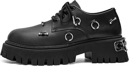 Fashion Back Oxford Shoes for Men's Round Toe Platform Chunky Heel Lug Sole Non Slip Gothic Metal Studs Dress Derby Shoes for Party Street in Saudi Arabia