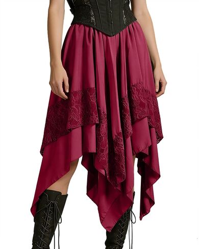 L'VOW Women's Asymmetrical Y2K Fairy Skirt Renaissance Flowy Lace Layered Midi Skirts Cottagecore Viking in Kuwait