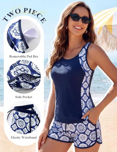 Wyeysyt Tankini Swimsuits for Women Tummy Control Two Piece Bathing Suits with Shorts and Sporty Pockets(Navy-XL) in Saudi Arabia
