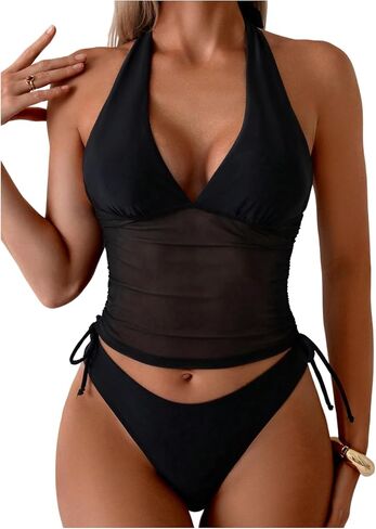 SHENHE Women's Halter Tankini Swimsuits Two Piece V Neck Sheer Mesh Drawstring Bathing Suits in Kuwait