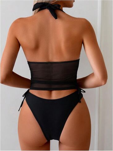 SHENHE Women's Halter Tankini Swimsuits Two Piece V Neck Sheer Mesh Drawstring Bathing Suits in Kuwait
