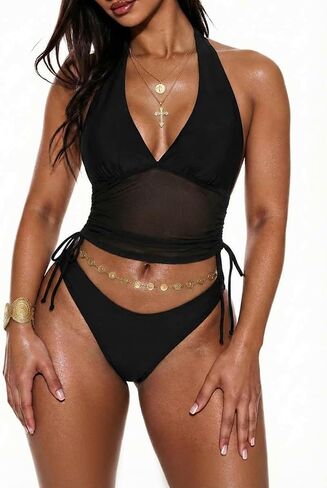 SHENHE Women's Halter Tankini Swimsuits Two Piece V Neck Sheer Mesh Drawstring Bathing Suits in Kuwait