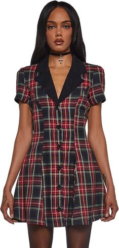 Dolls Kill Devil You Don't Exist Plaid Dress by Current Mood - Fit & Flare Plaid Dress with Notched Lapel for Grunge Fashion in Saudi Arabia