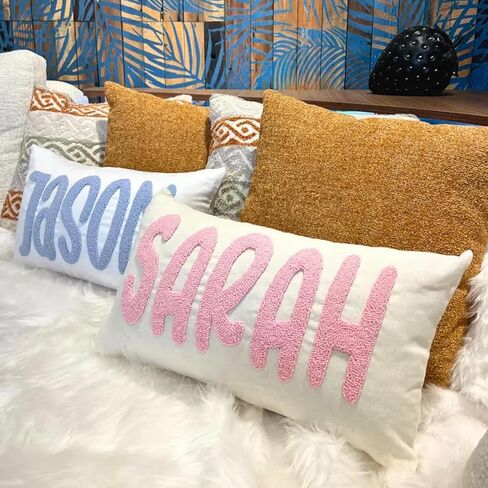 Personalized Pillow Cover w/Initial, Monogram Pillow Custom Name, Home Office Decor Punch Needle Embroidered Custom Room Decor for Couple Gift Cushion, Customizable Size in Saudi Arabia