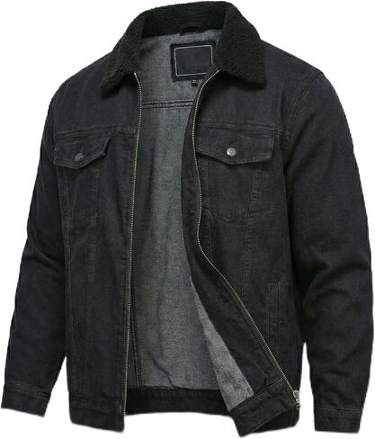 Mulch Man Black Wash Denim Trucker Jacket with Sherpa Collar - Men's Lightweight Jean Jacket, Windbreaker, Plus Size in Saudi Arabia