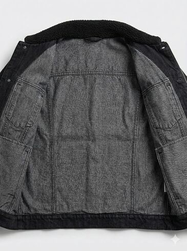 Mulch Man Black Wash Denim Trucker Jacket with Sherpa Collar - Men's Lightweight Jean Jacket, Windbreaker, Plus Size in Saudi Arabia